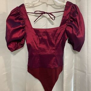 Majorelle Deep Wine Color Body Suit Square Neck Puff Sleeve Zip/Tie Back Sz XS